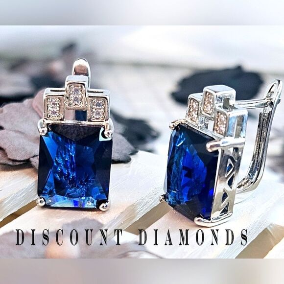 Blue Zircon & White Baguette Diamond Earrings on 925 Sterling Silver - Picture 1 of 5